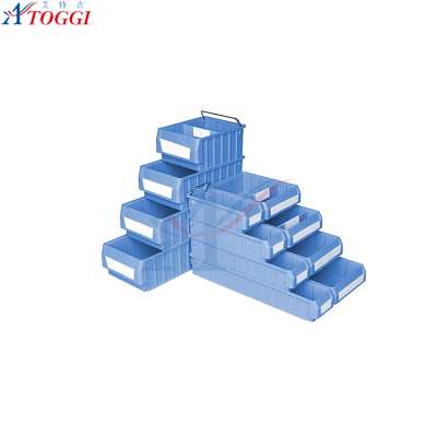 blue stackable plastic storage box with stainless hand rail